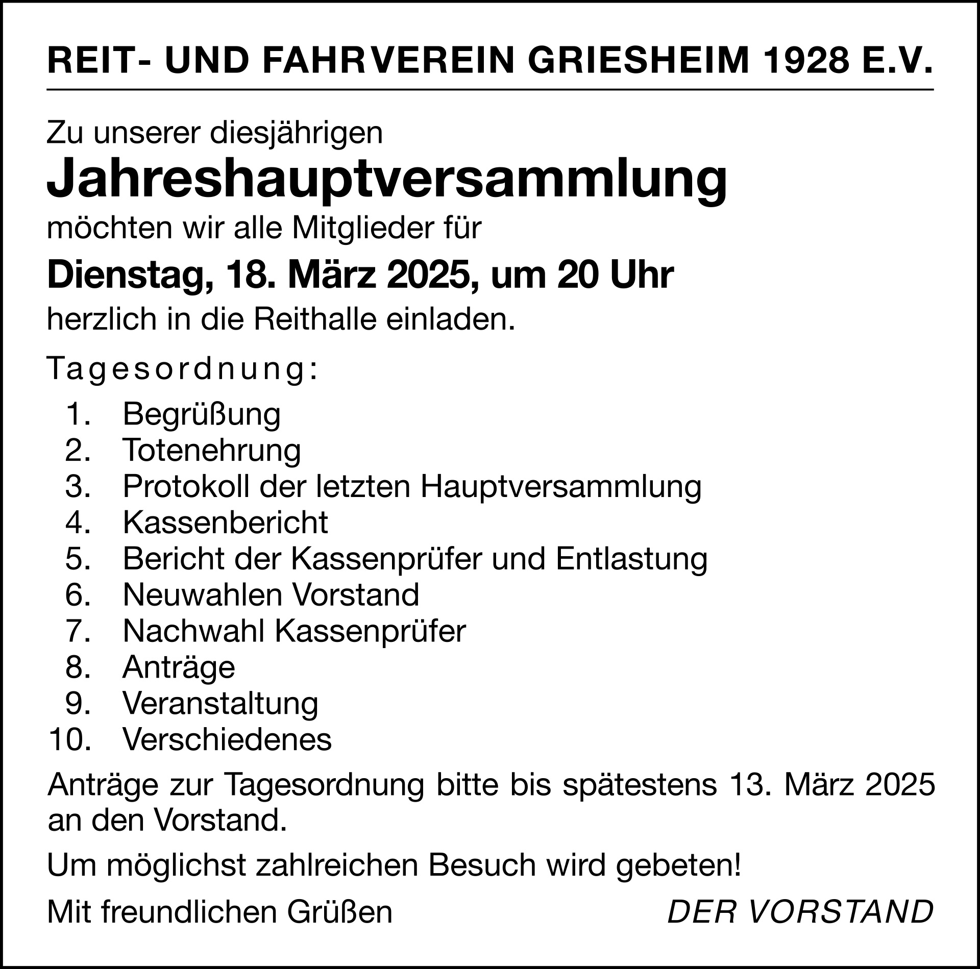 Einladung zur Jahreshauptversammlung 2025